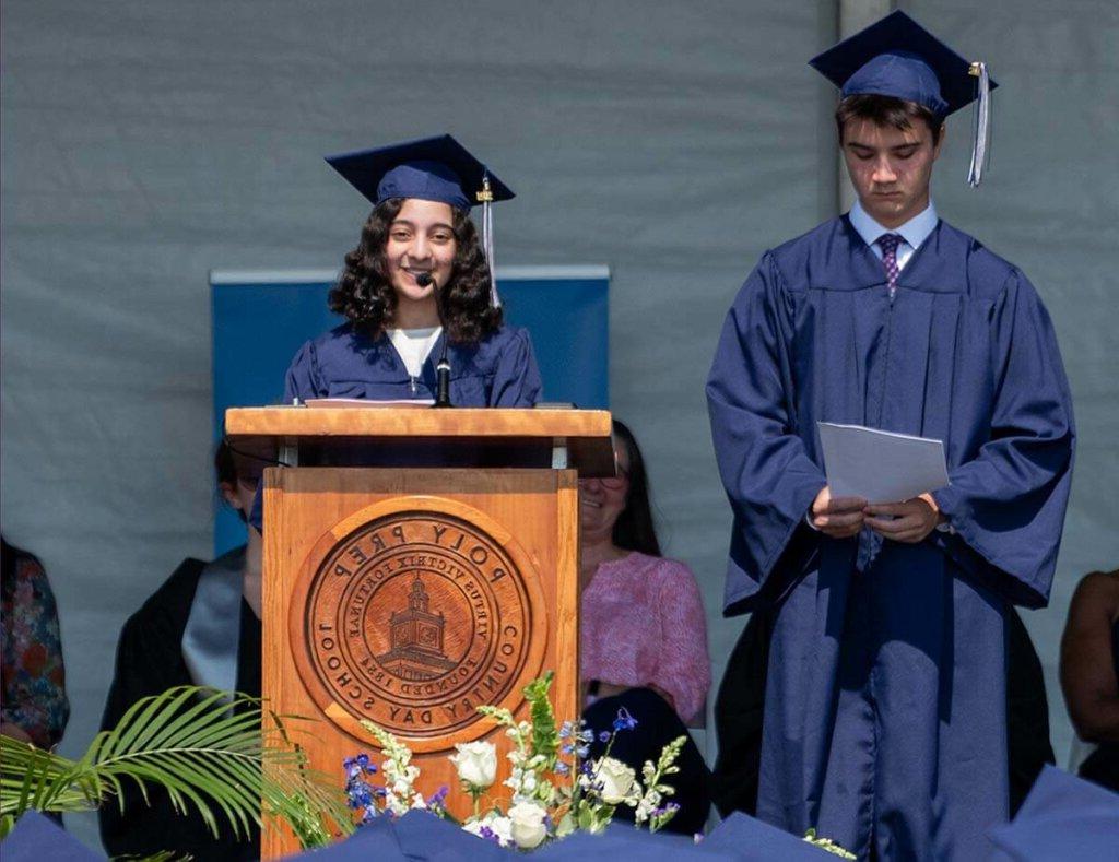 Marisa Triola '24 and William Ling-Regan '24 speaking at Commencement